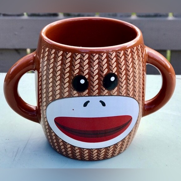 Gallerie SOCK MONKEY Double Jug Handle Brown 2 Side Cartoon Ceramic Coffee Mug - Picture 3 of 10